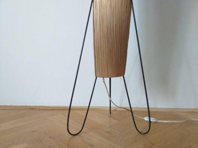 Rare Midcentury Rocket Floor Lamp, Metal and Straw, German Design