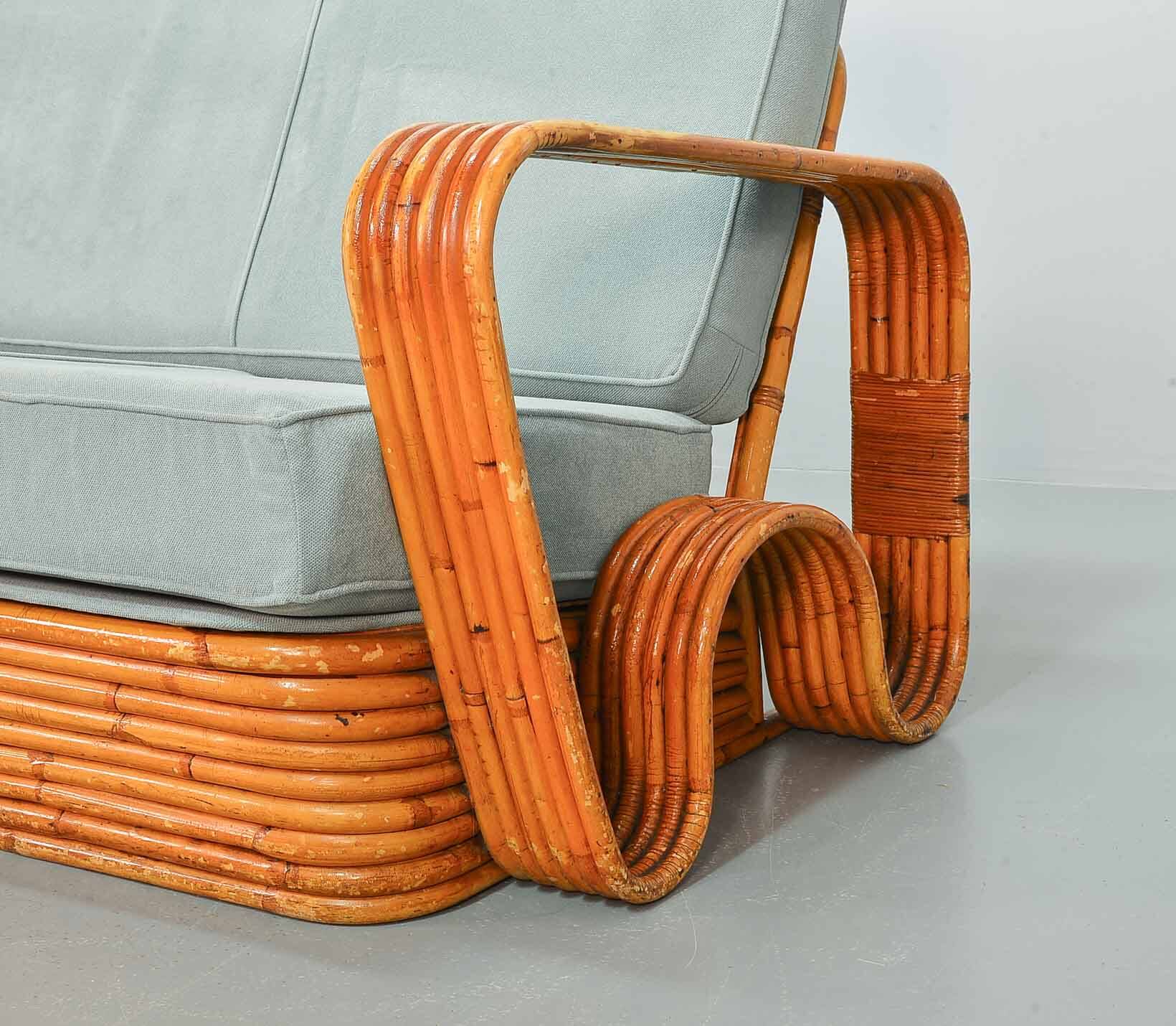 Exclusive Six Strand Rectangular Rattan 3-Seat Sofa after Paul Frankl, 50s