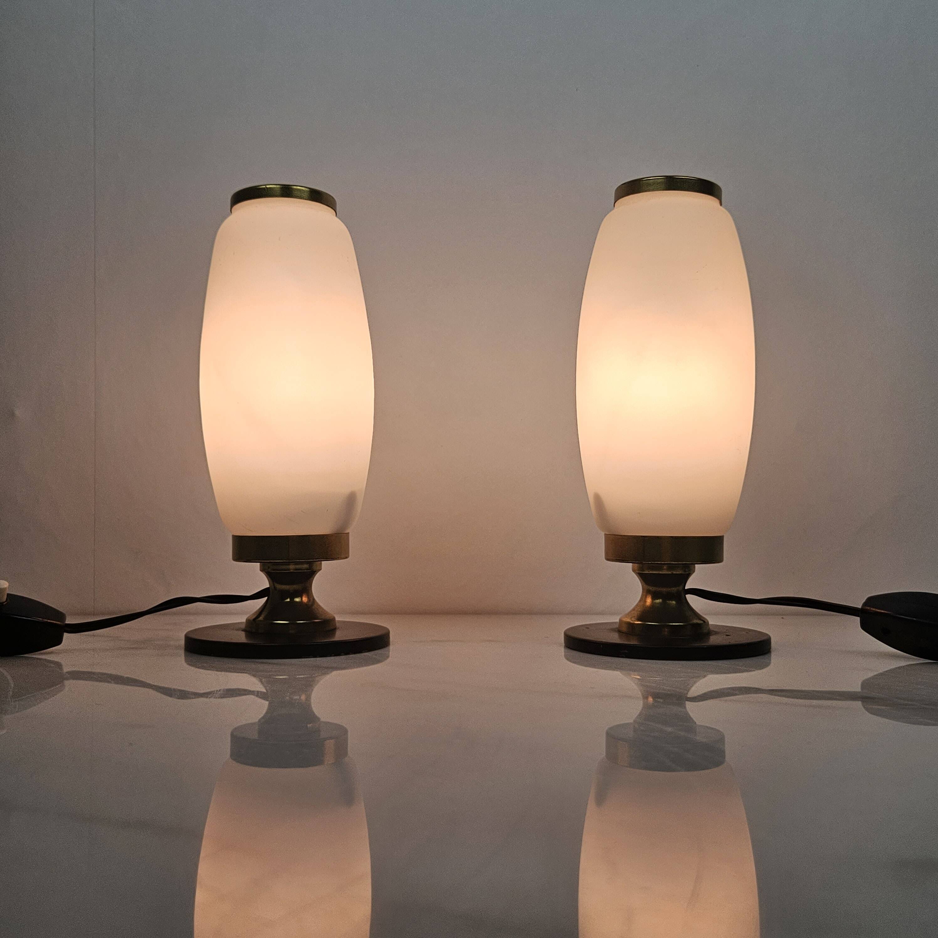 Italian Pair of Small Opaline Glass Table or Bedside Lights, 1950's