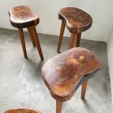 Set of 5 olive tree tripod stools from the 50s