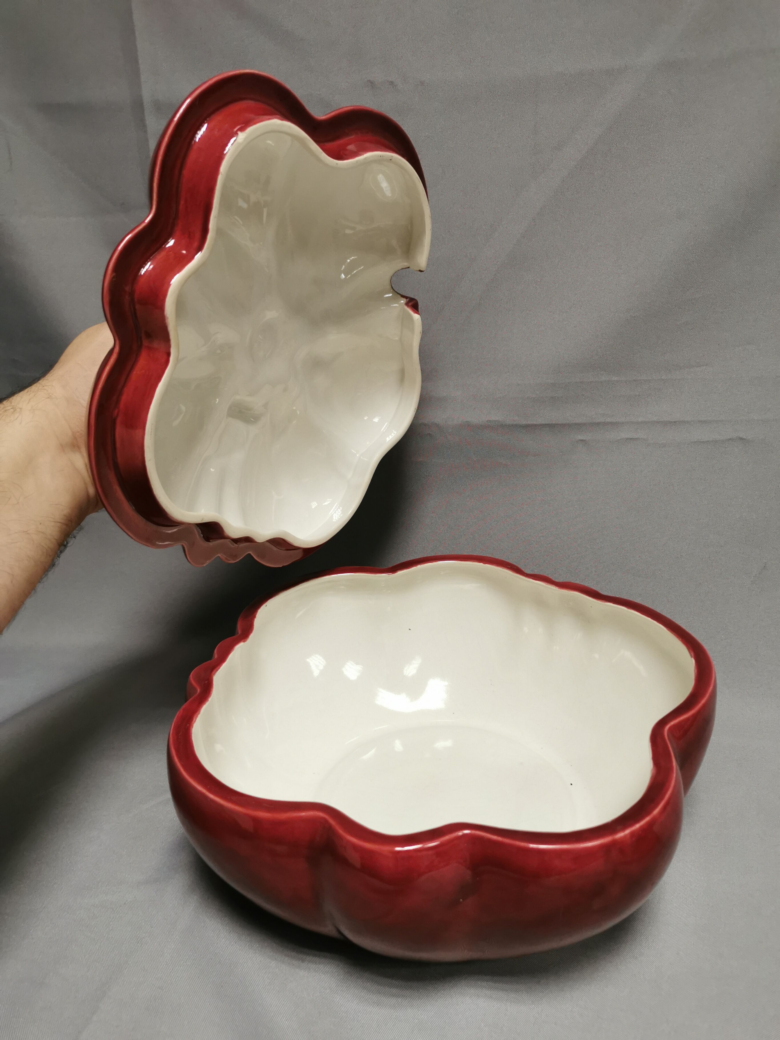 Vintage soup tureen + Trompe l'oeil sauce boat, majolica tomato shape