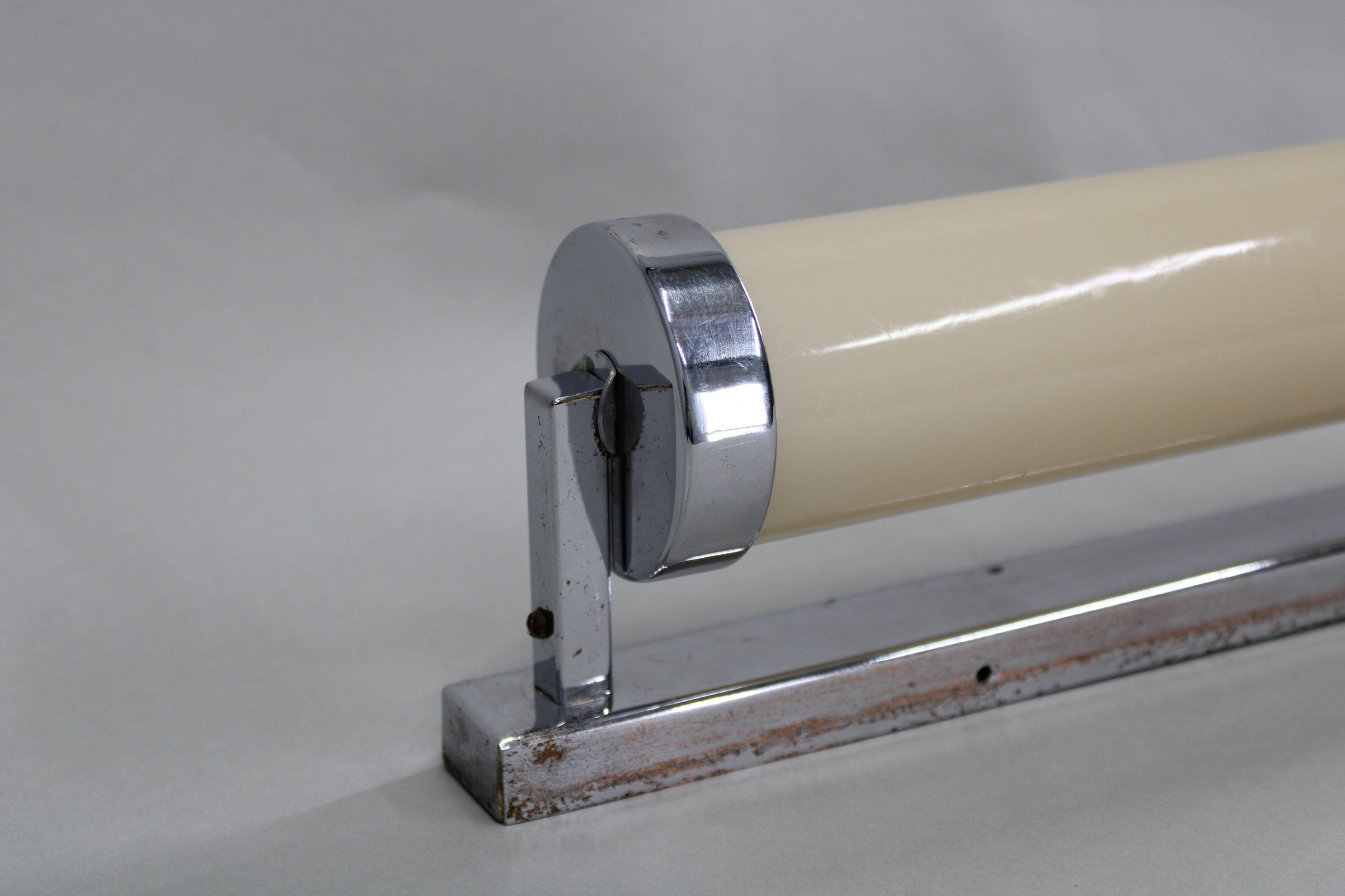 1930s Bauhaus tubular wall light, chrome & creamy glass, Czechoslovakia