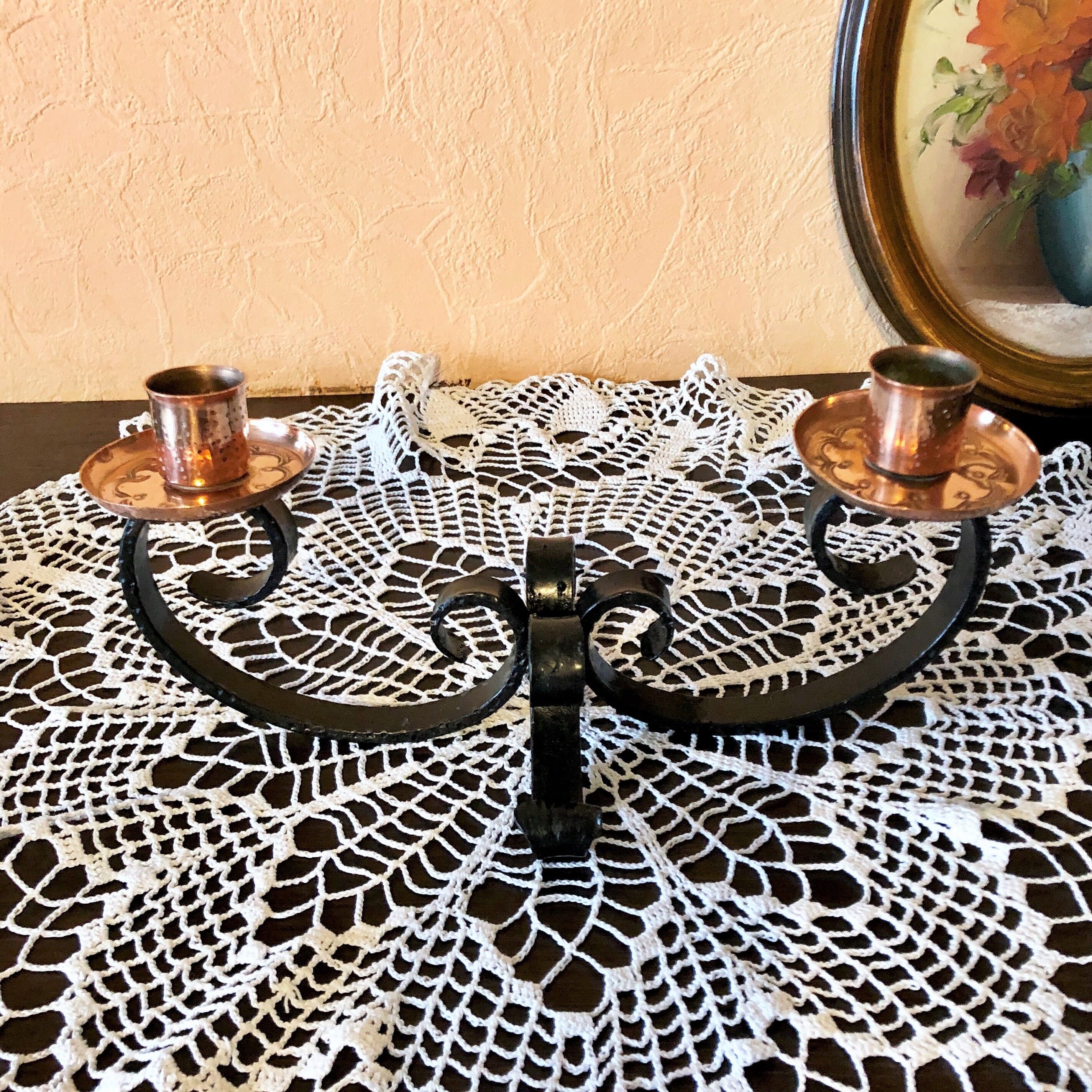Bougeoir chandelier artisanal fer forgé et cuivre rouge ciselé