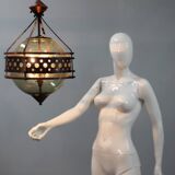 Pair of 1970s Brutalist Copper and Blown Glass Green Bottle Pendant Lamps