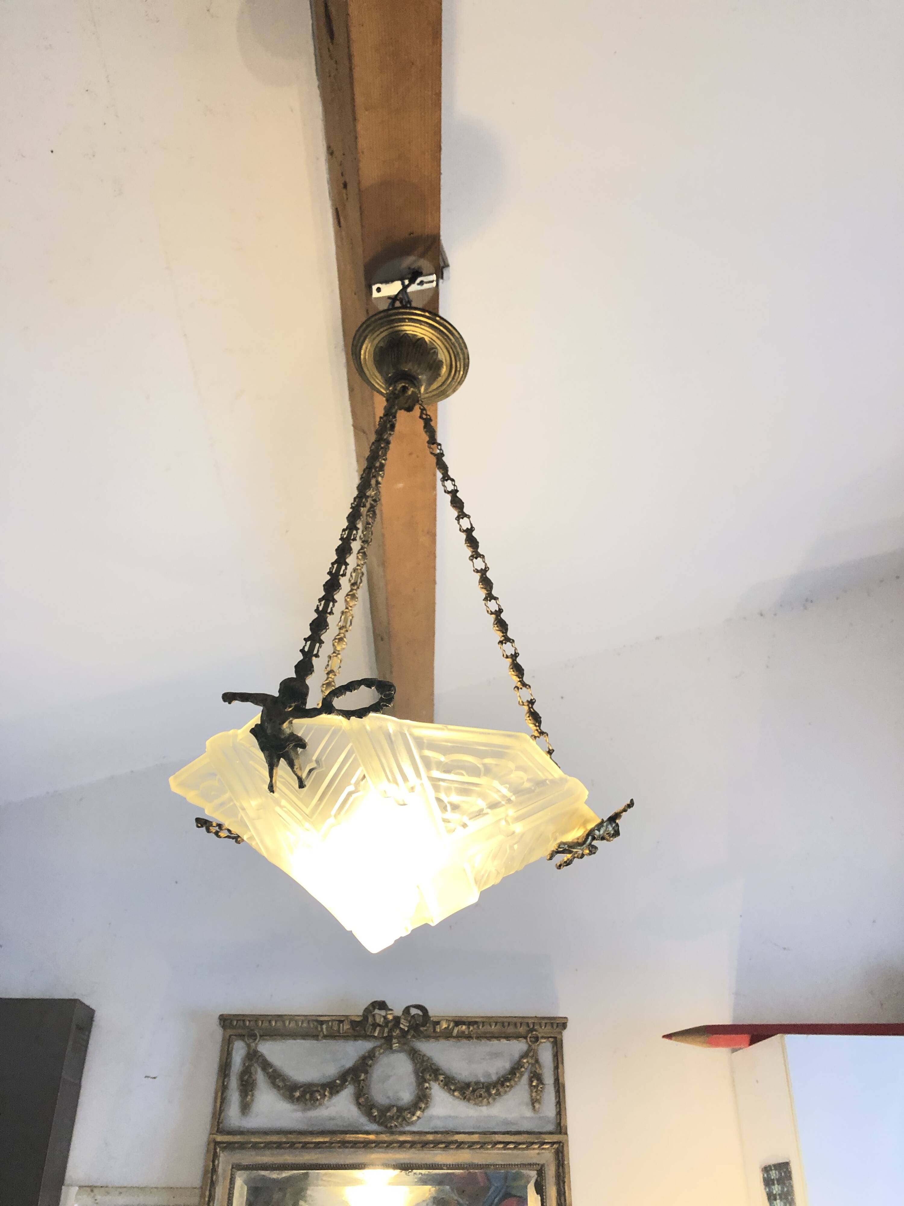 Art Deco Chandelier/Ceiling Light/Cast Glass Pyramid Shape & Angelo Frame