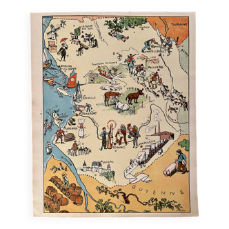 Affiche ancienne carte illustrée des régions Vendée Poitou Charentes 1927 - JP Pinchon