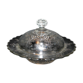 Butter dish with bell in molded glass from Fenne in Saarland - floral decoration 18cm