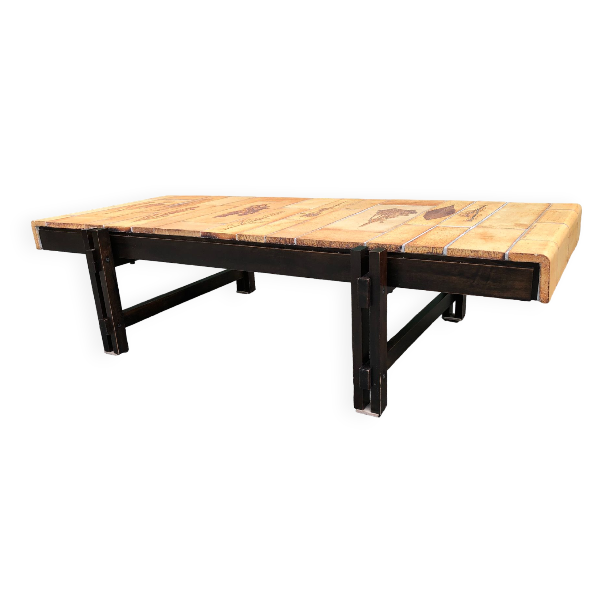 Vintage ceramic coffee table decorated with herbarium decoration Roger Capron