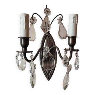 Wall light in tinned brass and crystal pendants - rococo light 2 lights