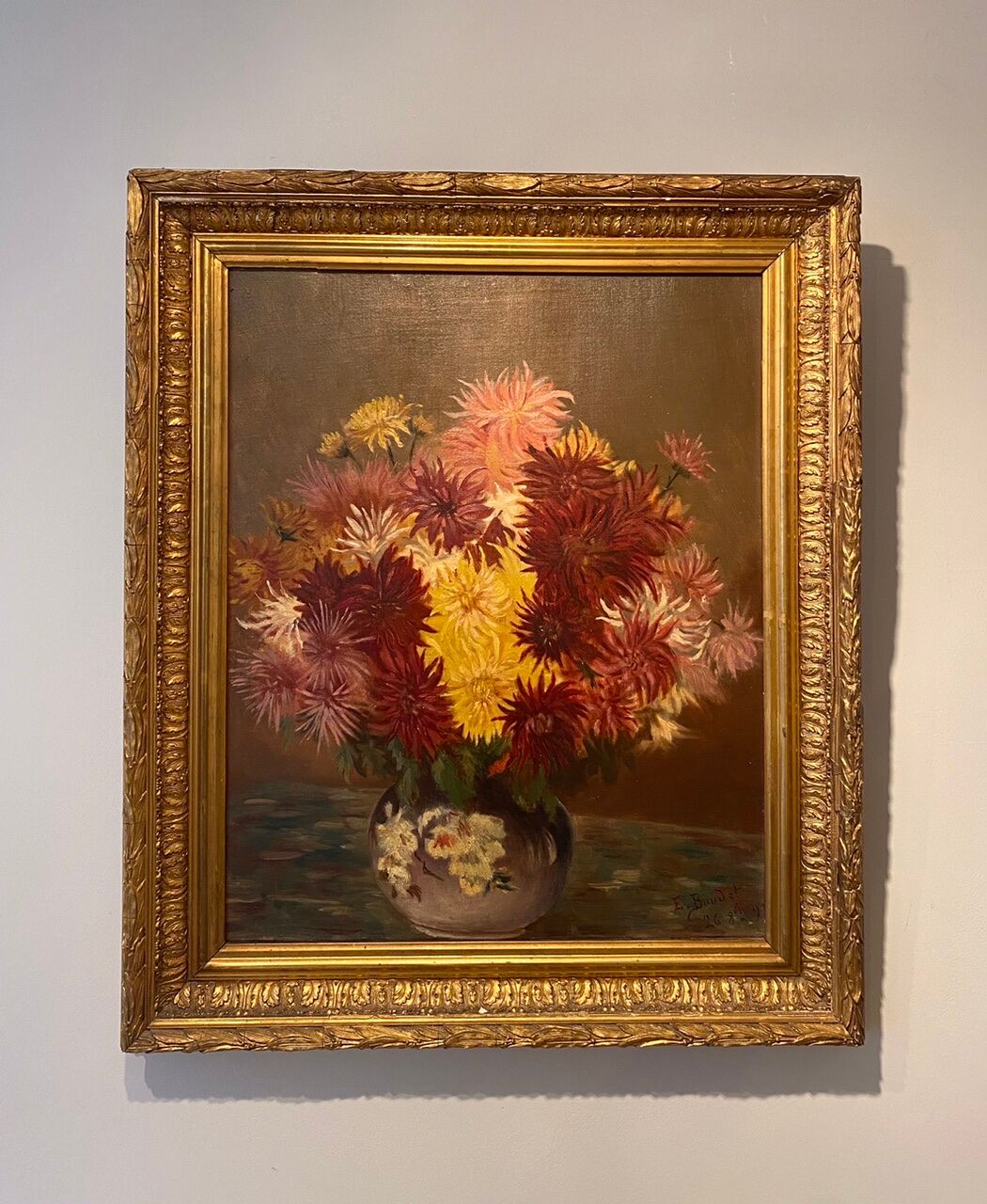 Old painting, still life with Dahlias, signed E Boudet late nineteenth century.