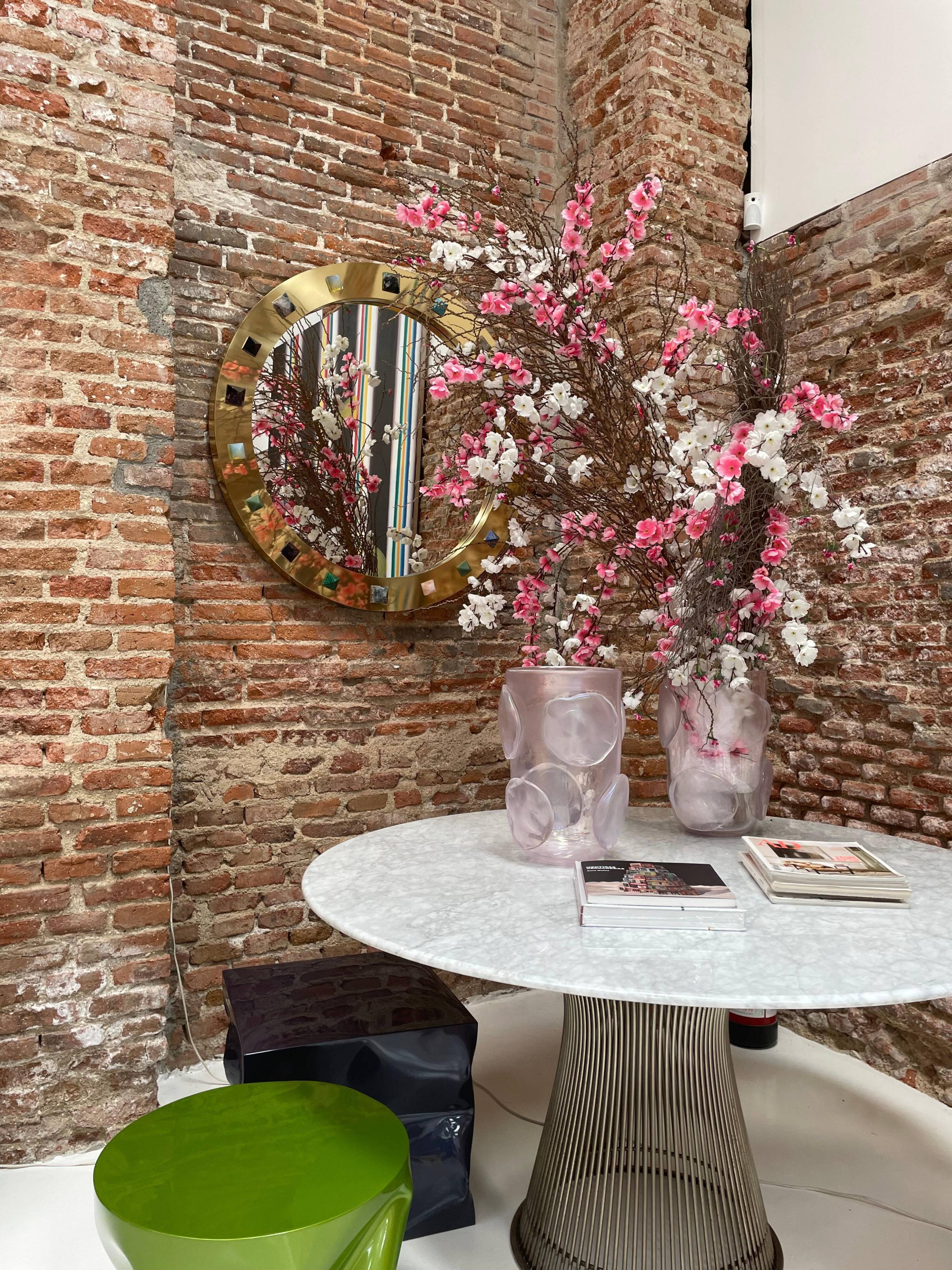 Modern Circular Mirror with Brass Frame and Semi-Precious Stone