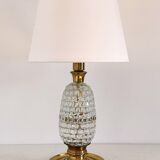 Italian mid-century table lamp with brass and creased murano glass