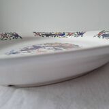 Large oval white ceramic dish, decorated with peacocks and vintage flowers