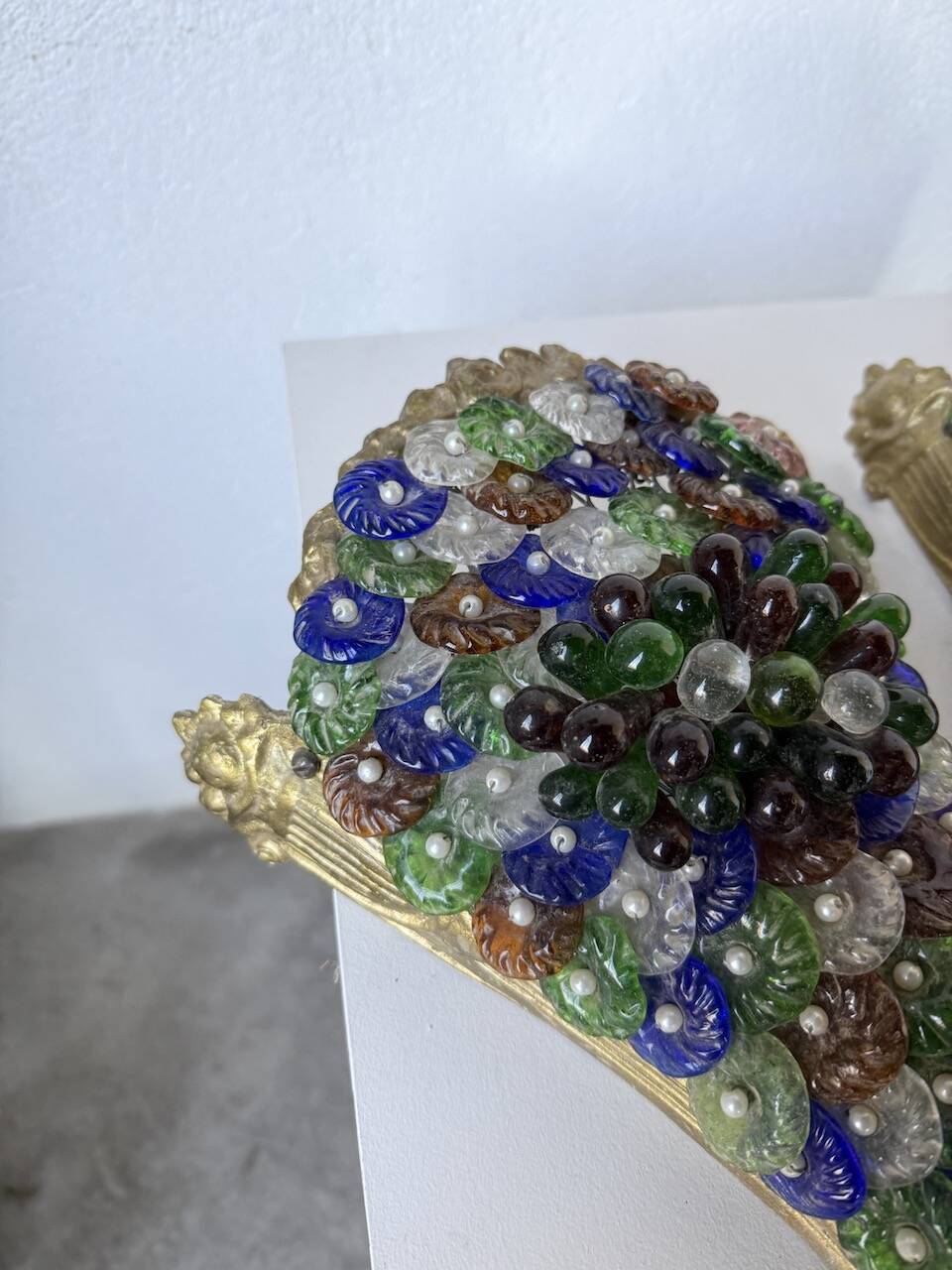 Pair of Art Nouveau bronze and Murano glass wall lights