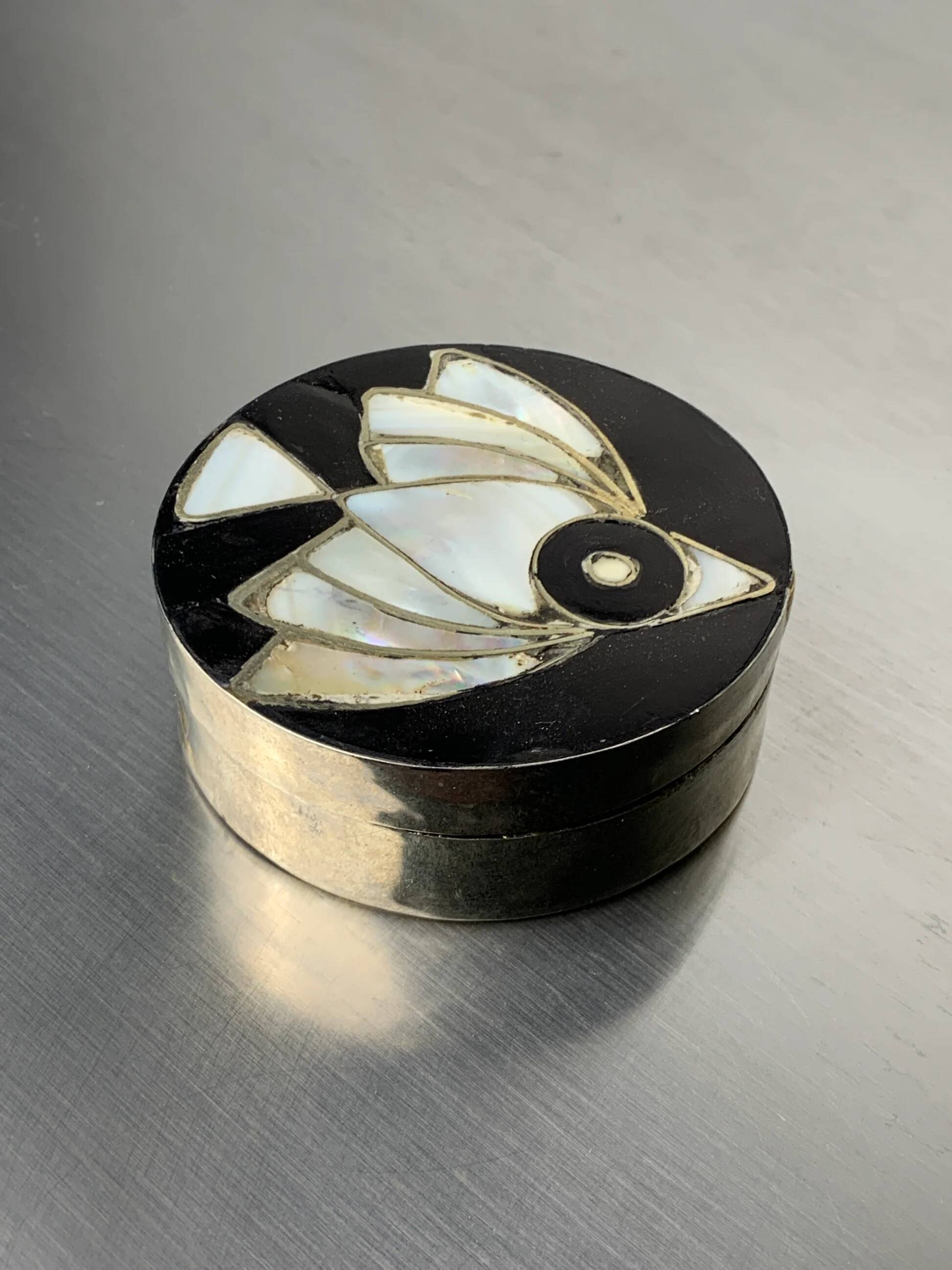 Abalone shell & alpaca silver fish box, Mexico, 1970s