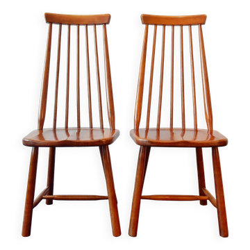 Set of 2 vintage solid wooden highback chairs