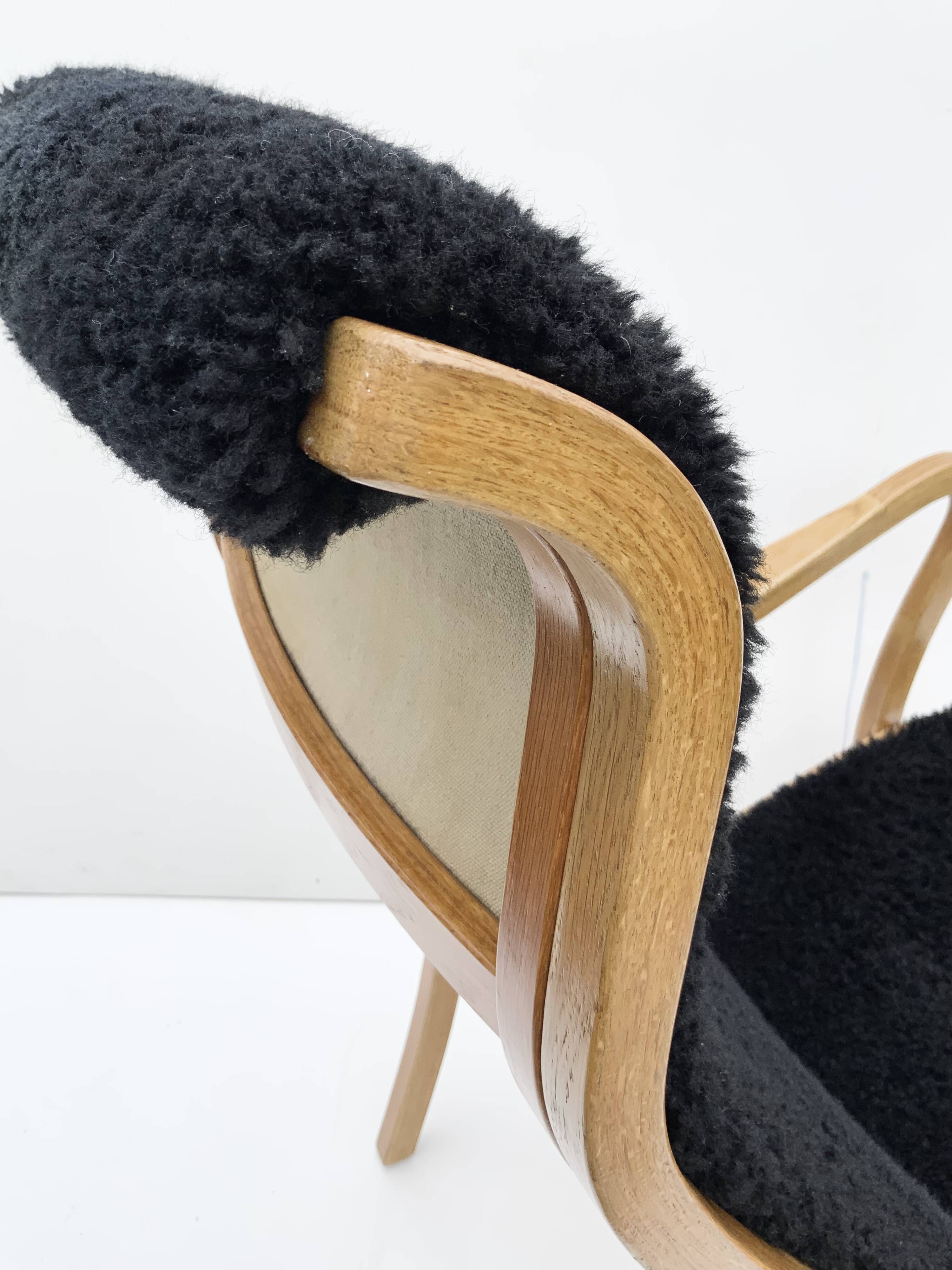 Vintage G.A. Berg “Torparen” Armchair, Oak, Black Sheepskin, Ottoman, 1960s