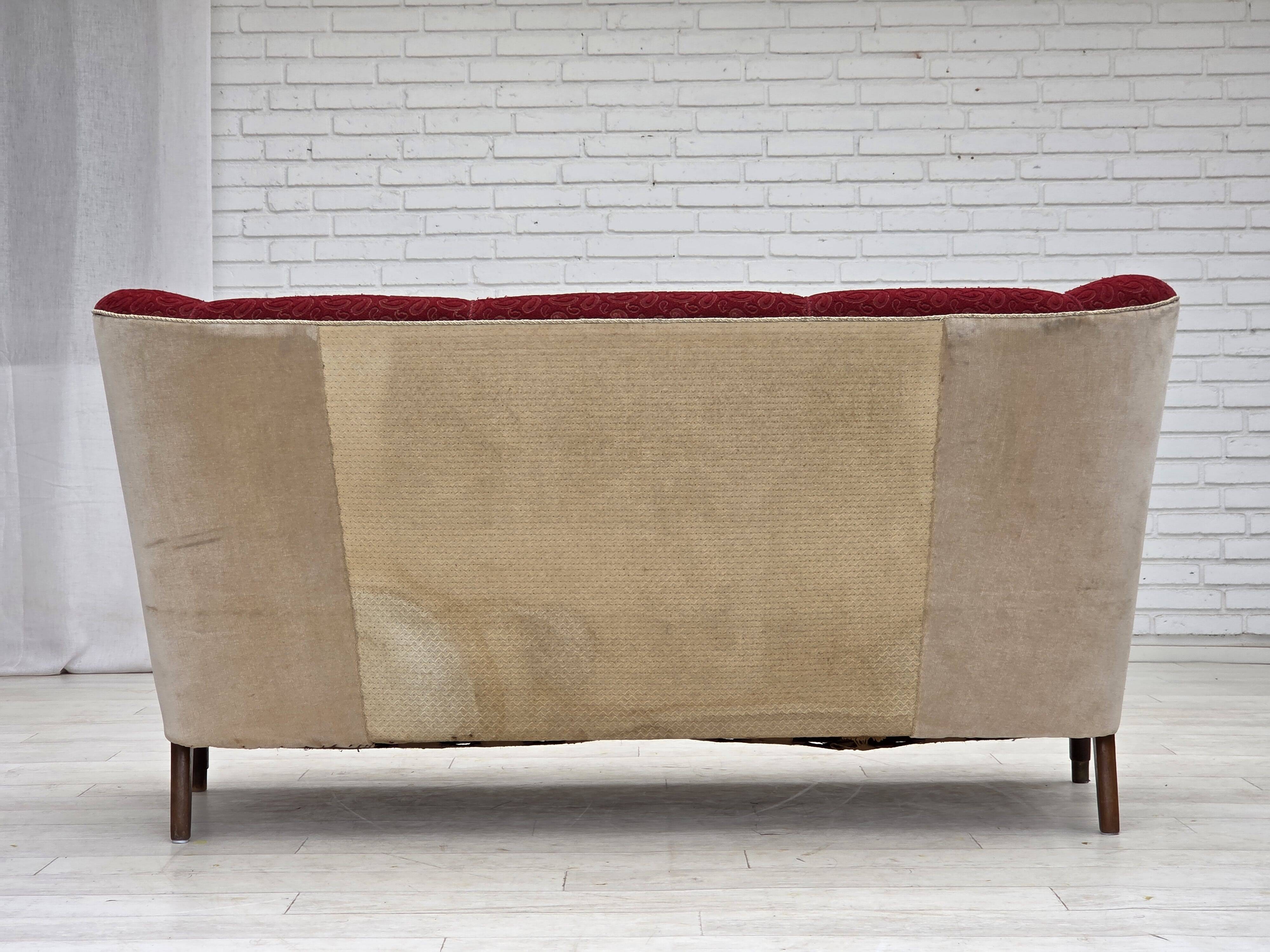 1950s, Danish 3-seater sofa, original red/beige furniture wool.