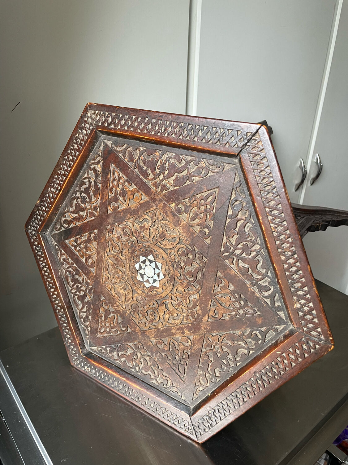 Antique Ottoman Turkish table with inlays and intricate carvings