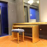 Panca vintage in wood and velluto blue Italia 1950s