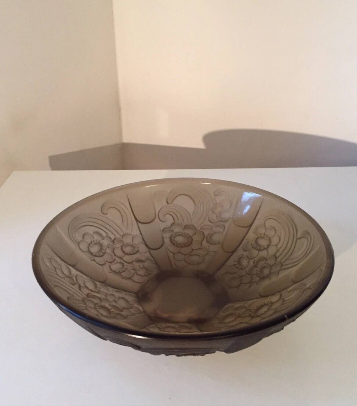 Art Deco smoked molded glass bowl signed Stella