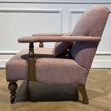 Wooden and red chevron fabric armchair with casters