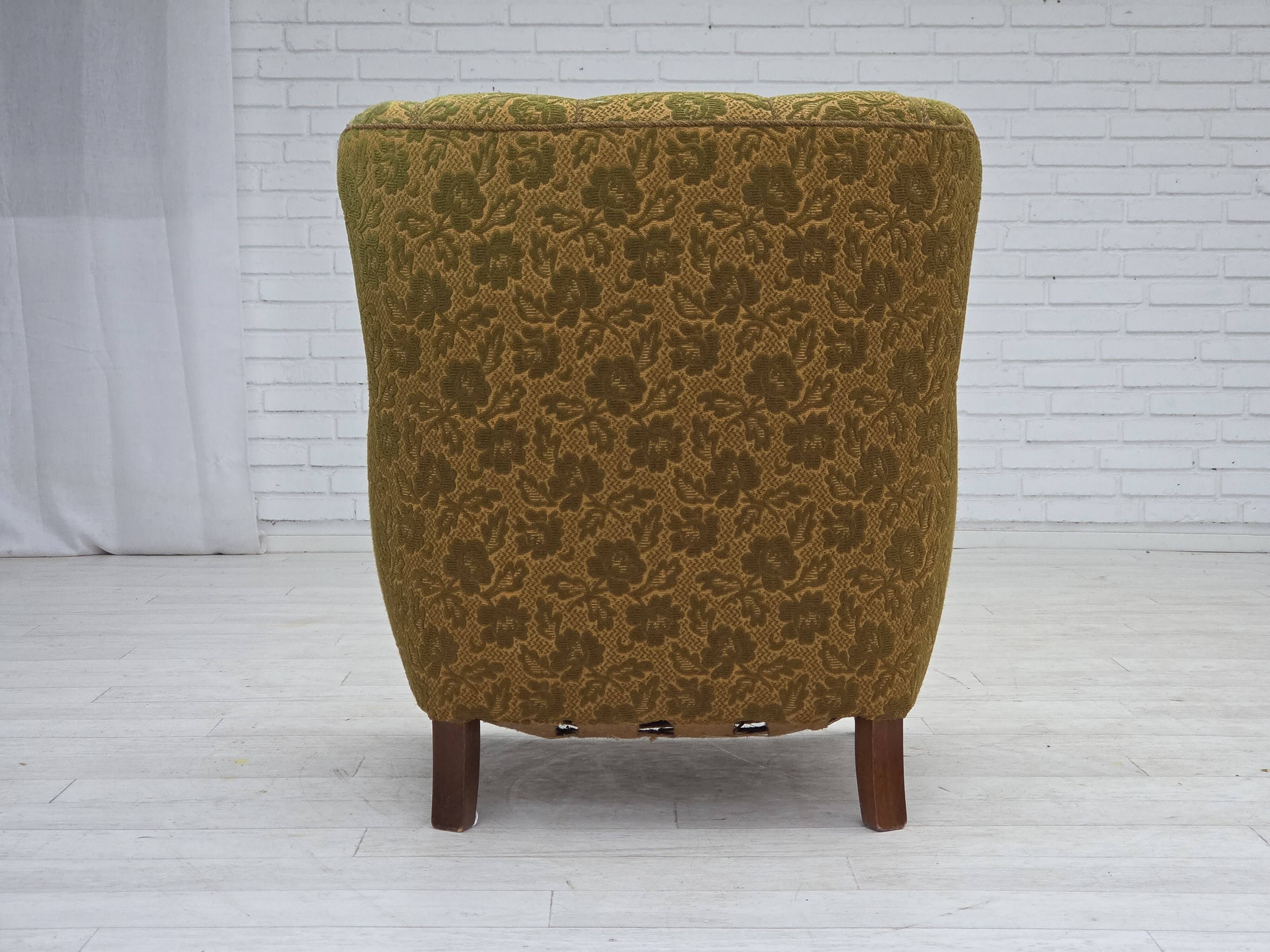 1950s, Danish armchair, furniture wool, hand carved oak wood.