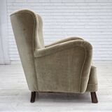 1960s, Danish armchair, green furniture velour, oak wood legs.