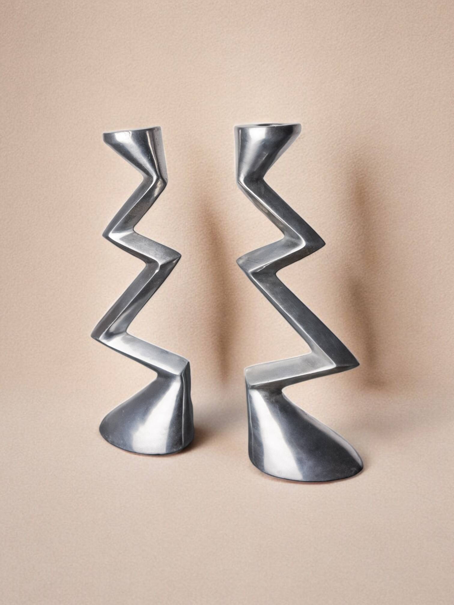 Pair of zigzag candlesticks, England, 1980