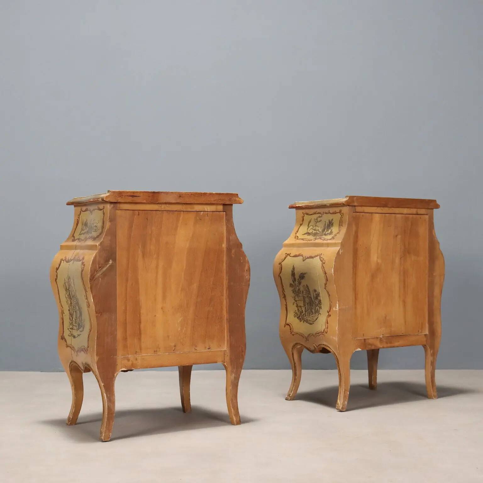 Antique bedside tables in Baroque style, wooden, Italy, 20th century.