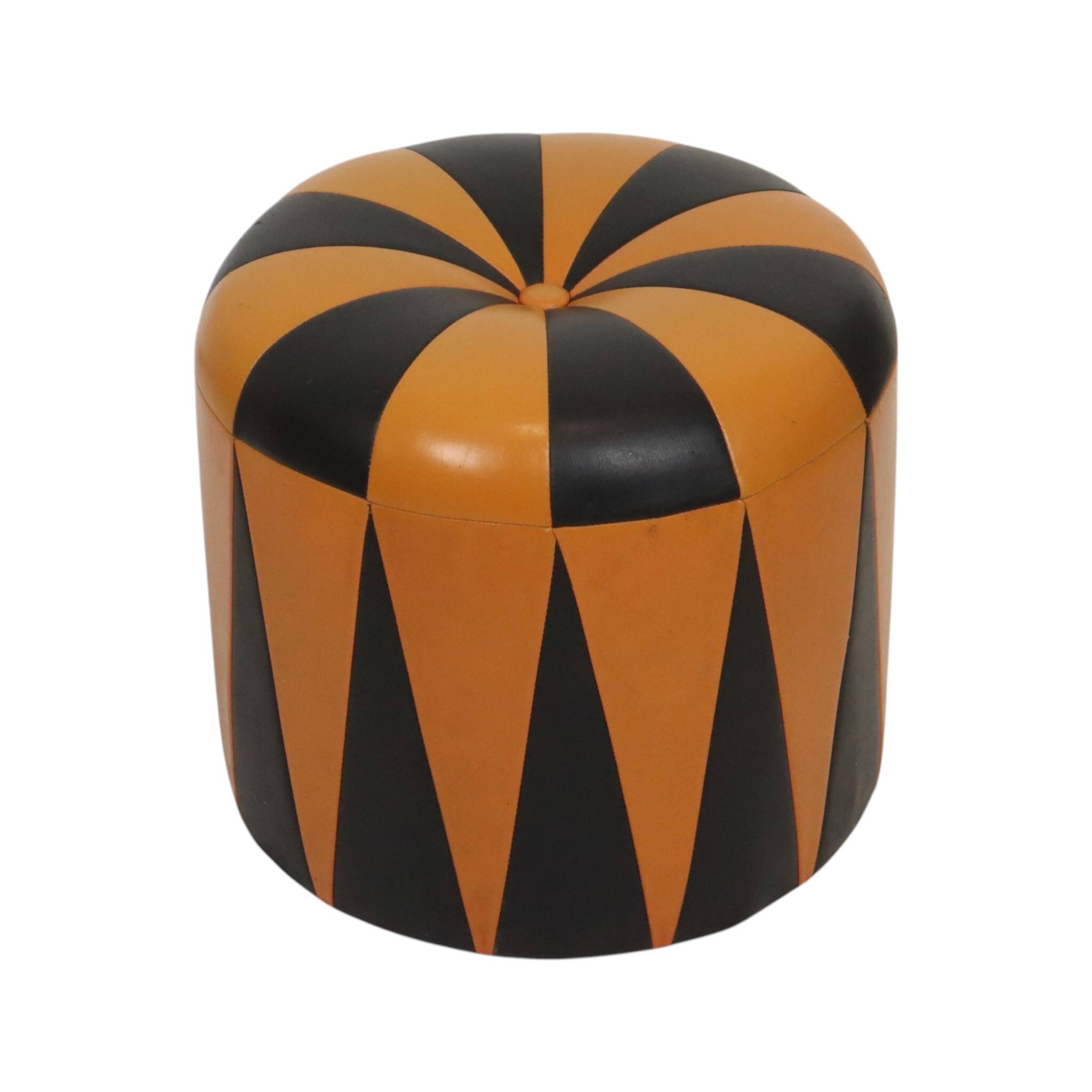 Round Vintage Pouf, Orange and Black Faux Leather (Skai), 1960s