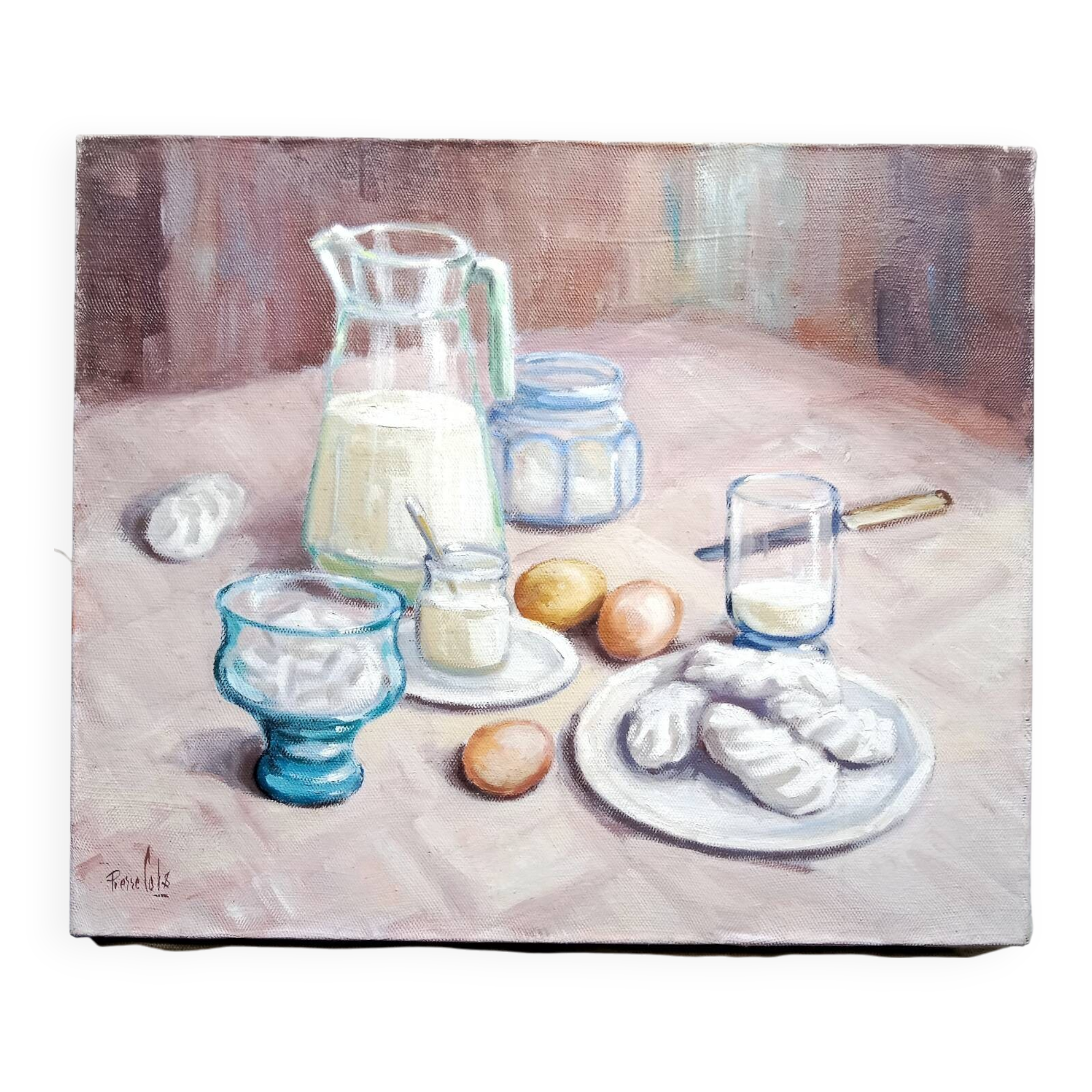 Still Life Painting Meringues Canvas signed Pierre Cols
