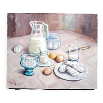 Still Life Painting Meringues Canvas signed Pierre Cols