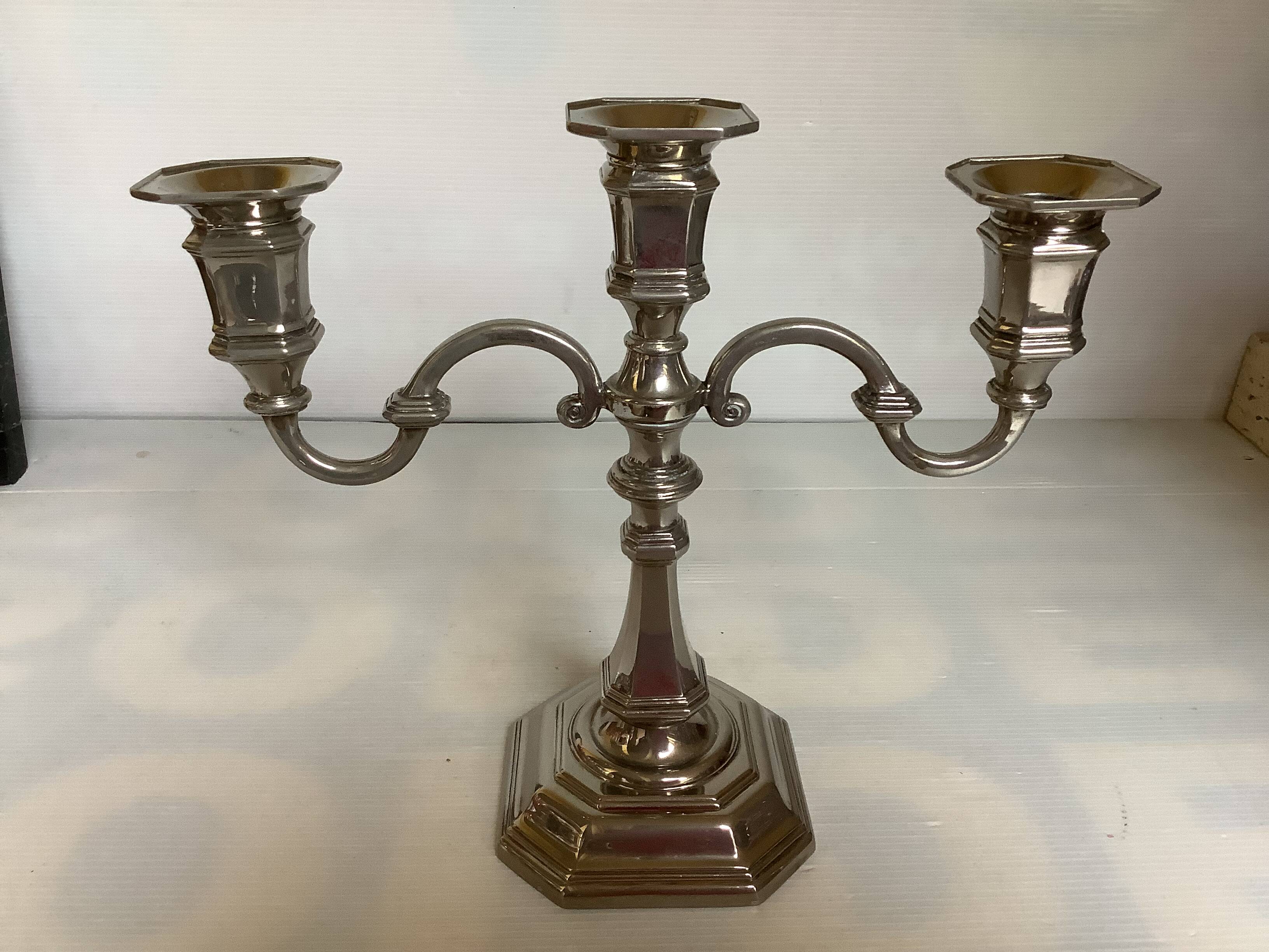 Large silver-plated metal three-light candlestick