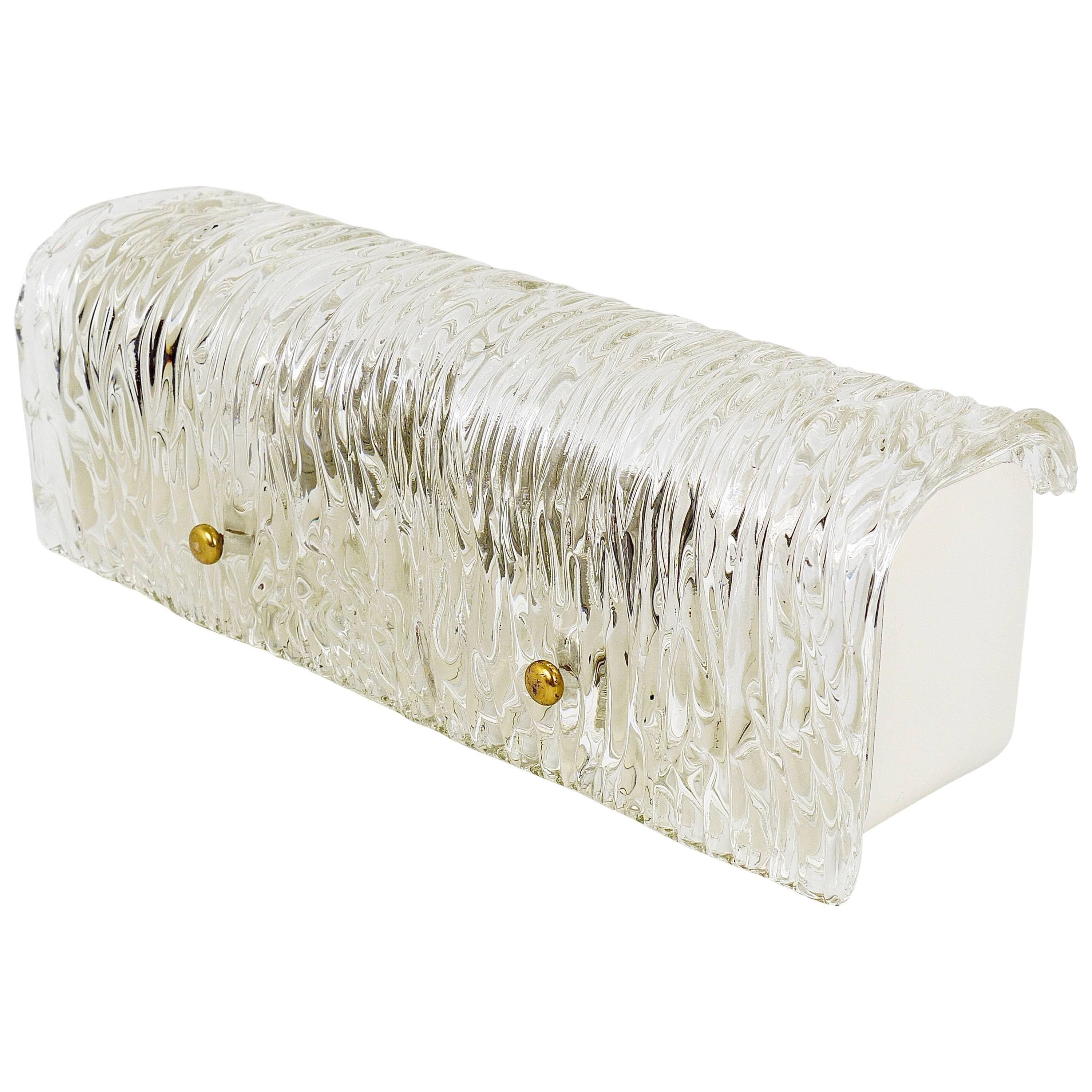 Wall-mounted mirror sconce by J.T. Kalmar, brass and textured glass, Austria, 1950s.