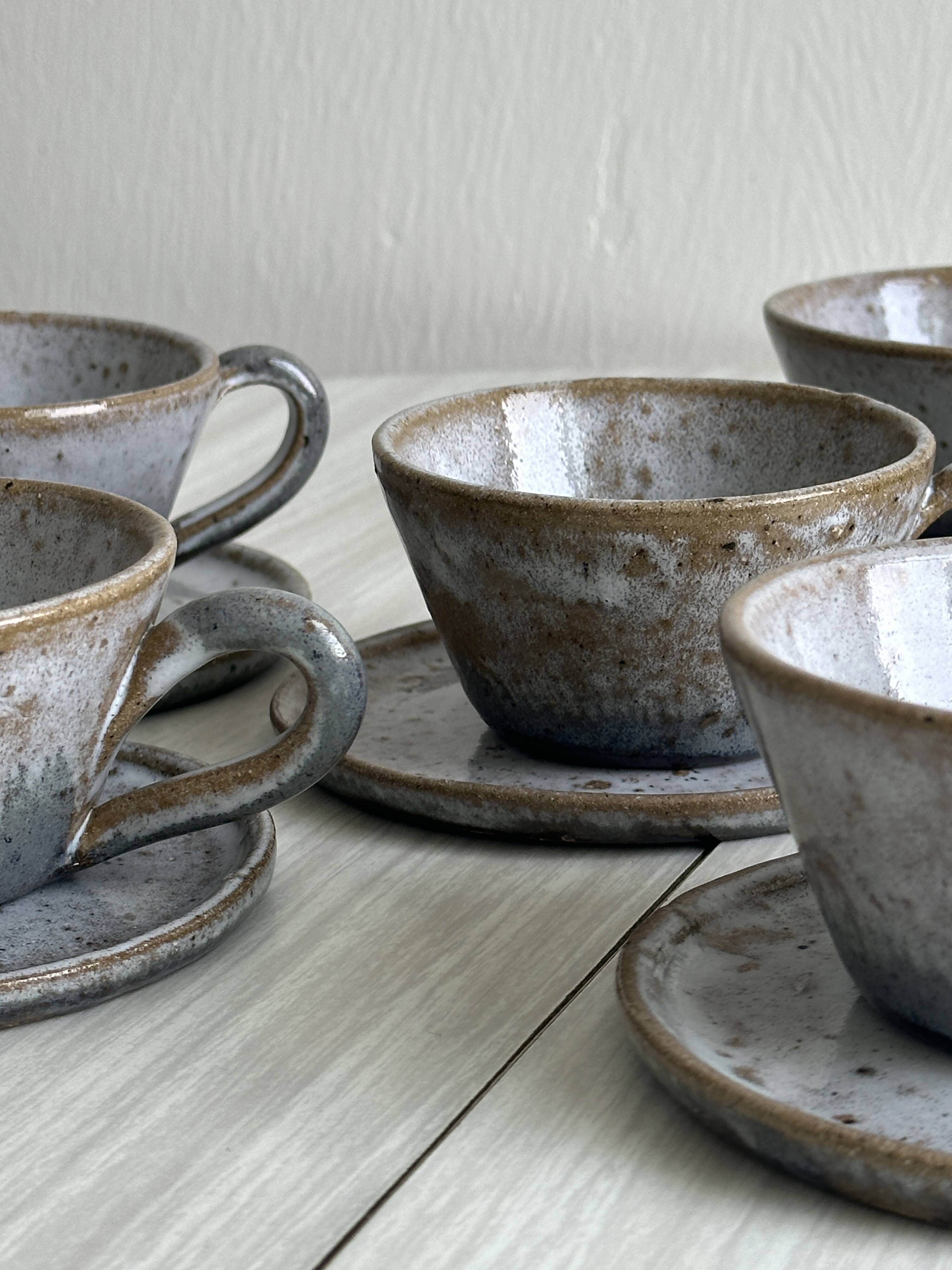 Handmade stoneware coffee set, 6 cups, saucers and sugar bowl, natural tones