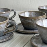 Handmade stoneware coffee set, 6 cups, saucers and sugar bowl, natural tones