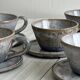 Handmade stoneware coffee set, 6 cups, saucers and sugar bowl, natural tones