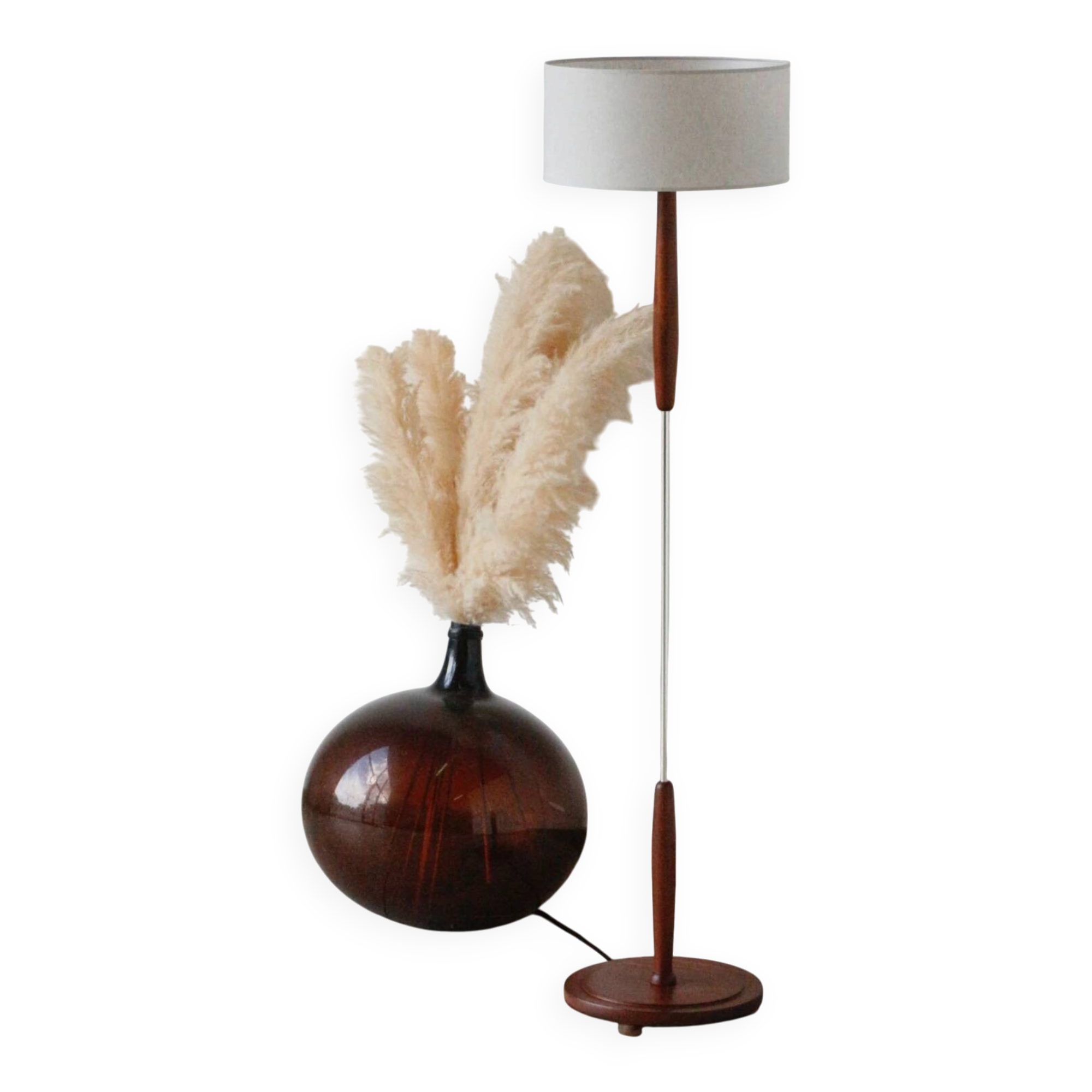 Vintage Scandinavian lamp in teak/chromed metal/cotton