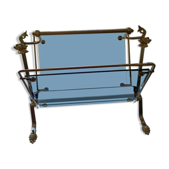 1950s bronze and tinted glass magazine rack with clawed feet