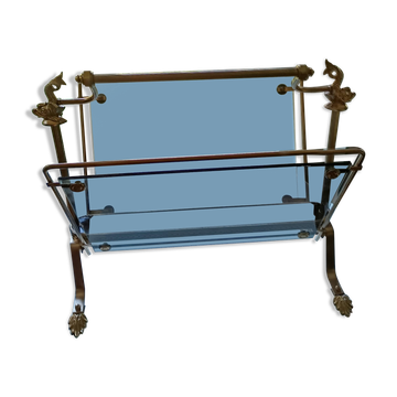 1950s bronze and tinted glass magazine rack with clawed feet