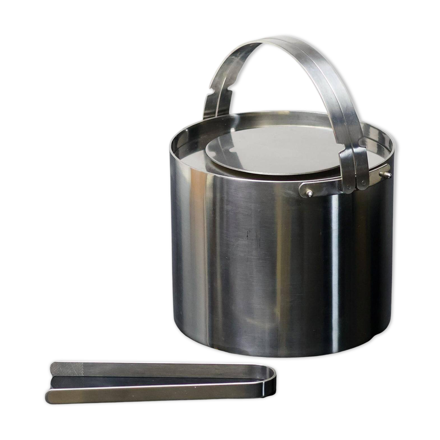Seau à glace Cylinda en acier inoxydable avec pince par Arne Jacobsen pour Stelton, 1970