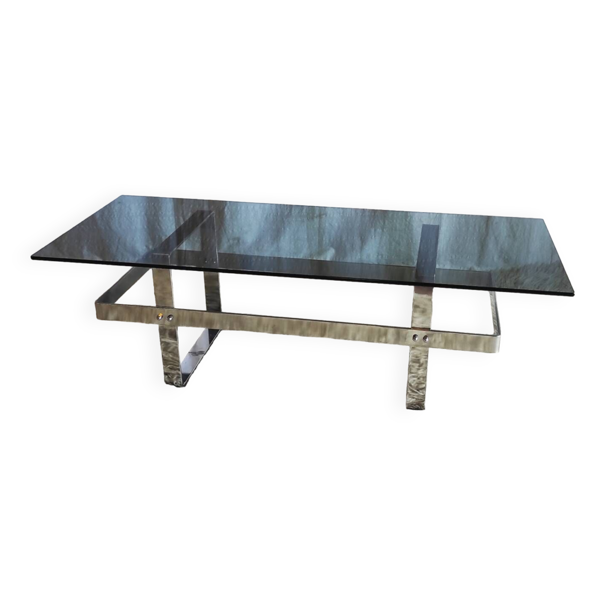 Designer coffee table in chrome metal and smoked glass - 70s/80s