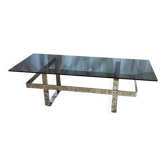 Table basse design en métal chromé et verre fumé - années 70/80