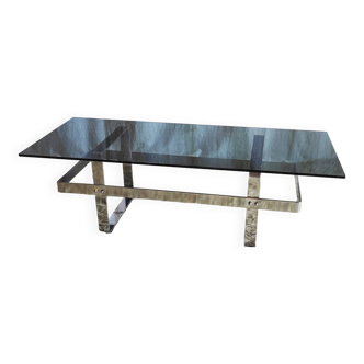 Designer coffee table in chrome metal and smoked glass - 70s/80s