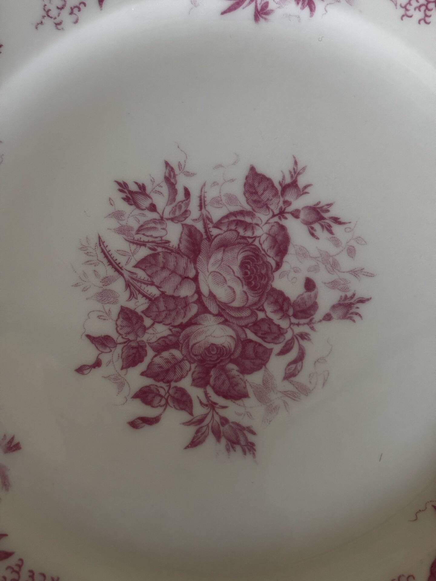 Set of 6 antique dessert plates in porcelain with pink flowers.