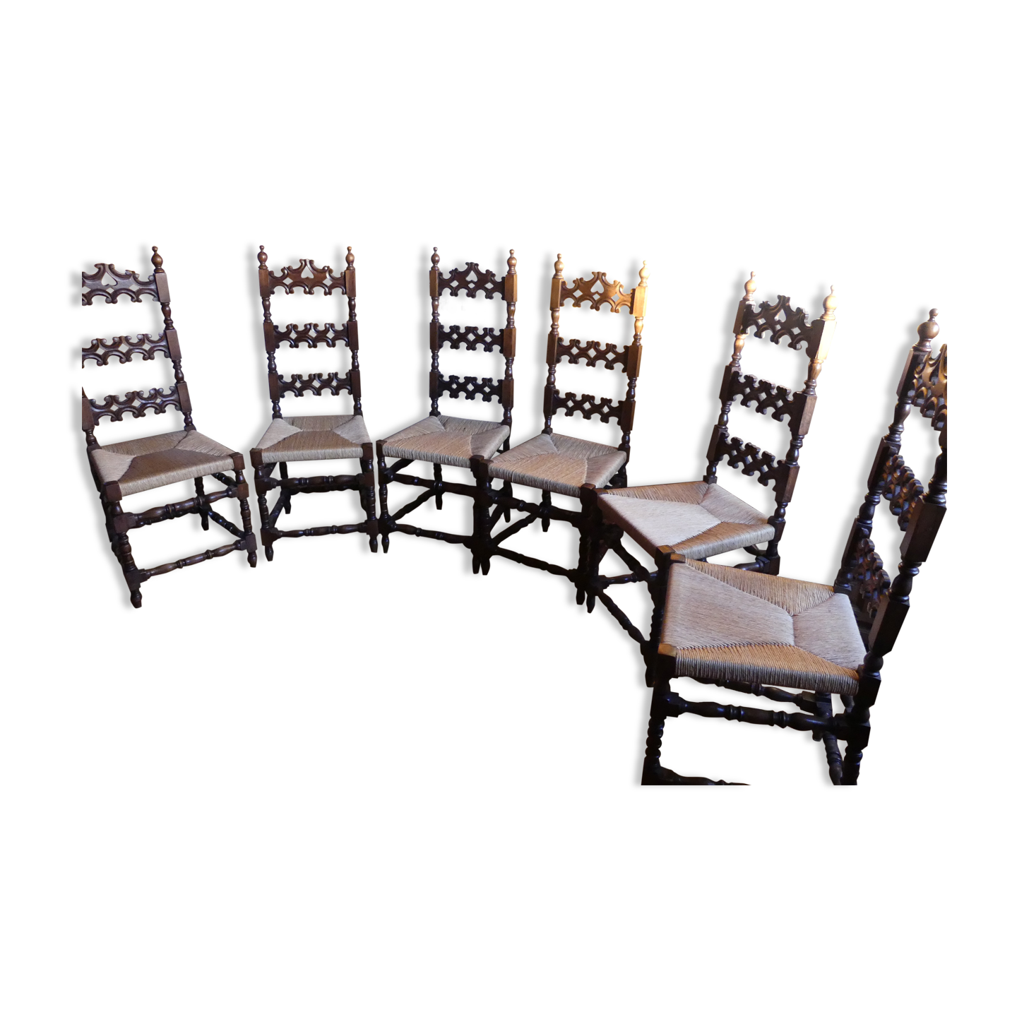 Set of 6 Spanish Baroque Renaissance chairs, straw seat