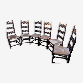 Set of 6 Spanish Baroque Renaissance chairs, straw seat