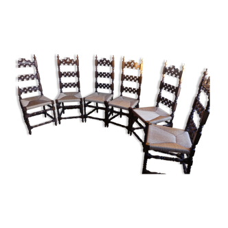 Ensemble de 6 chaises renaissance baroque espagnol , assise en paille