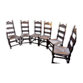Set of 6 Spanish Baroque Renaissance chairs, straw seat